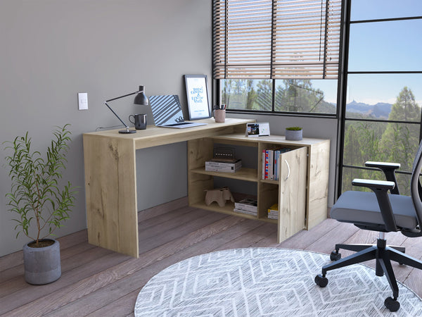 English Elm L-Shaped Desk with Right Return — Spacious 59" Work Surface, Cabinet + Shelves for Office Storage Beige 34.25 L x 23.62 W x 4.72 H B097S00169