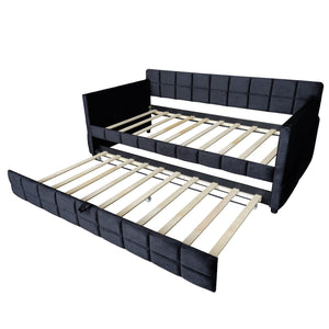 English Elm Modern Velvet Twin Daybed with Pull Out Trundle and Built in Armrest Storage Pockets Black SF000200AAB