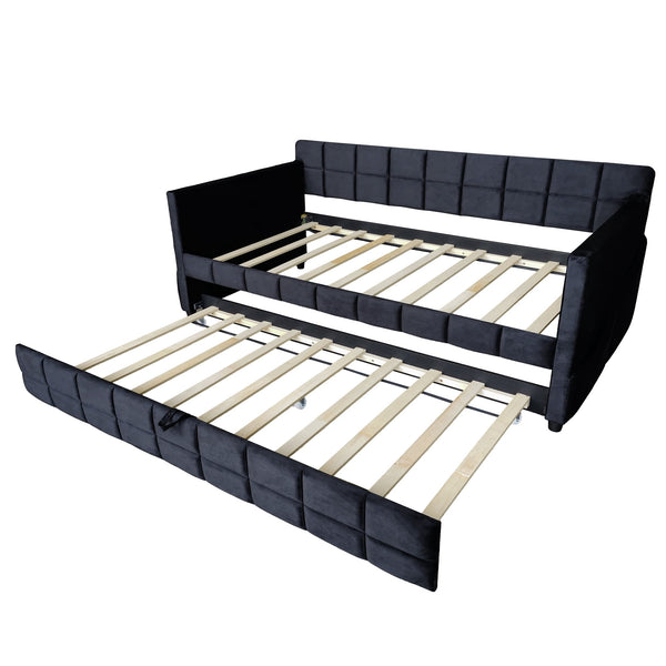 English Elm Modern Velvet Twin Daybed with Pull Out Trundle and Built in Armrest Storage Pockets Black SF000200AAB