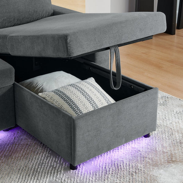 English Elm Modern Chenille Pull-Out Bed Sofa With Table, Led Lights, Usb Ports & Cup Holders - Gray Cozy Comfort W1413S00096