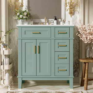 English Elm 30" Freestanding Bathroom Vanity Ceramic Sink Soft Close Cabinet Gray Wood Frame Light Green N729P427118F
