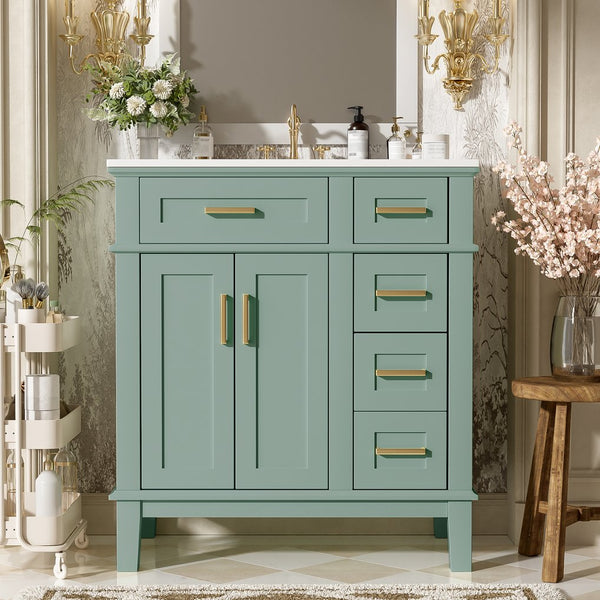 English Elm 30" Freestanding Bathroom Vanity Ceramic Sink Soft Close Cabinet Gray Wood Frame Light Green N729P427118F