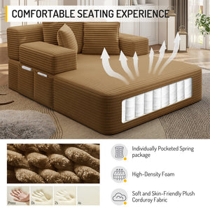 English Elm Luxurious Corduroy Convertible Chaise Lounge Sofa Bed with Storage and Coil Spring Foam Camel W3219P483086