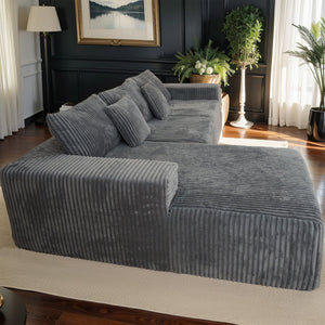 English Elm 112.99"Cloud Long-Pile Corduroy Sectional Sofa with L-Shape Chaise, Modular Deep-Seat Comfort for Living Room Grey W3276S00010