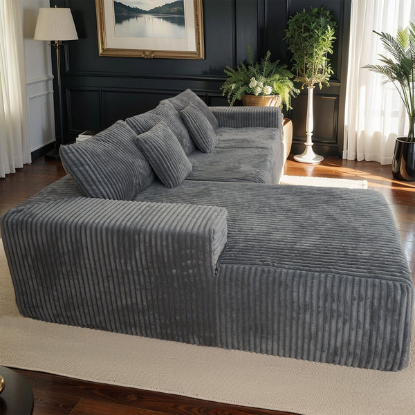 English Elm 112.99"Cloud Long-Pile Corduroy Sectional Sofa with L-Shape Chaise, Modular Deep-Seat Comfort for Living Room Grey W3276S00010