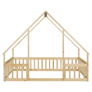 English Elm Full House-Shaped Floor Bed with Fence and Guardrails, Pine Wood Play Loft for Imaginative Kids Retreat Natural W504P143295