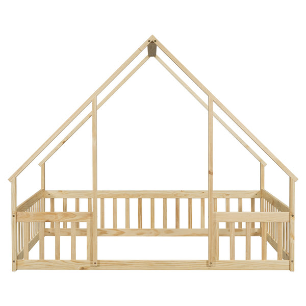 English Elm Full House-Shaped Floor Bed with Fence and Guardrails, Pine Wood Play Loft for Imaginative Kids Retreat Natural W504P143295