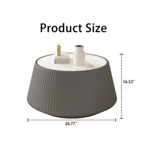 English Elm Light Sintered Stone Top Round Coffee Table with Sculpted Leather Base for Living Room Grey W3081P367592