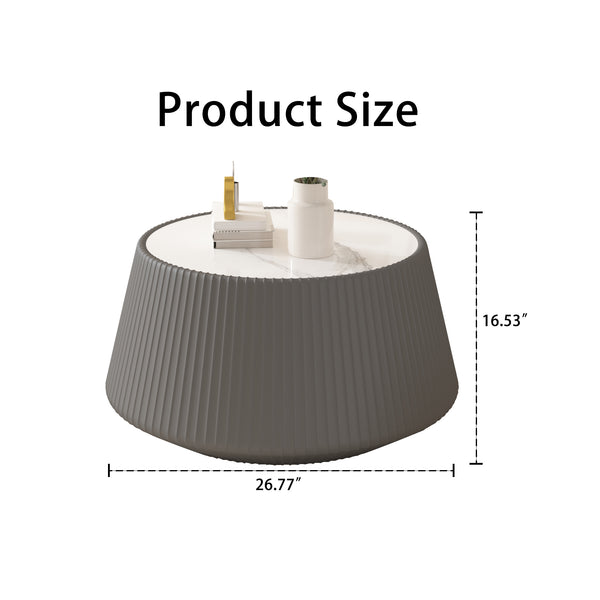 English Elm Light Sintered Stone Top Round Coffee Table with Sculpted Leather Base for Living Room Grey W3081P367592