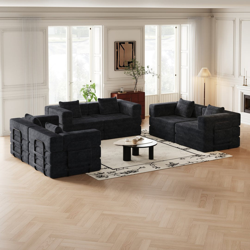 English Elm 6 Seater Corduroy Floor Sofa Bed with Storage Pockets and High-density Foam Cushions W3505S00019