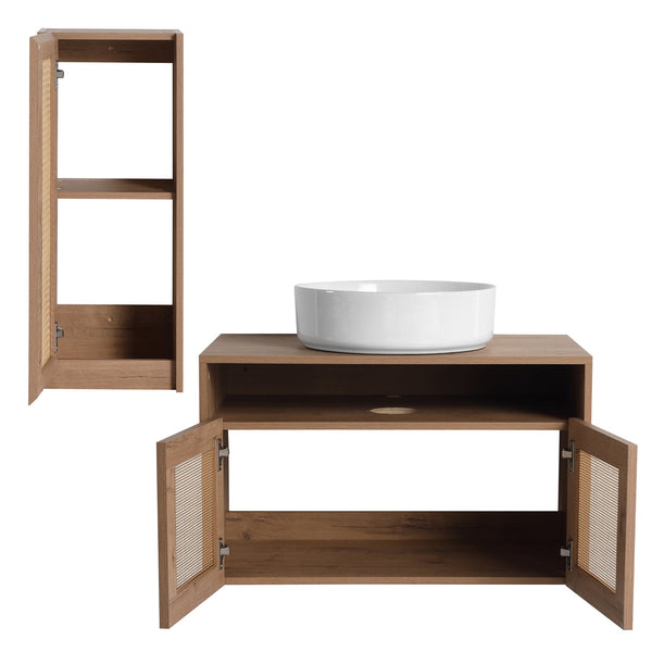 English Elm 30" Wall Mounted Bathroom Vanity Oak Finish Ceramic Art Sink Soft Close Storage W999S00495