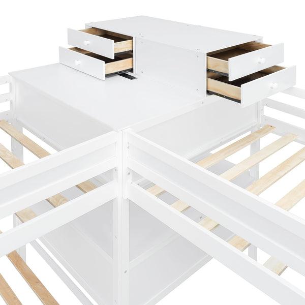 English Elm Twin L-shaped Bunk Bed Pine Wood Corner Design with Desk Drawers and Usb Charging White N820S00079K
