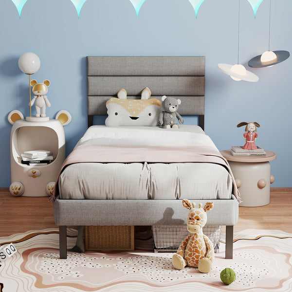 English Elm Twin Upholstered Metal Bed Frame with Headboard, No Box Spring Needed, 14" Underbed Storage, Grey/Black Modern Design T3963P385004
