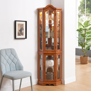 English Elm Lighted Corner Curio Cabinet With Adjustable Shelves & Tempered Glass - Elegant Oak Display Piece W1758P300132