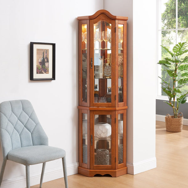 English Elm Lighted Corner Curio Cabinet With Adjustable Shelves & Tempered Glass - Elegant Oak Display Piece W1758P300132