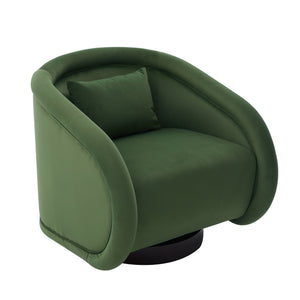 English Elm Swivel Barrel Chair Pumpkin Sculptural Velvet Upholstered with Walnut Wood Round Base Green W3244P427740