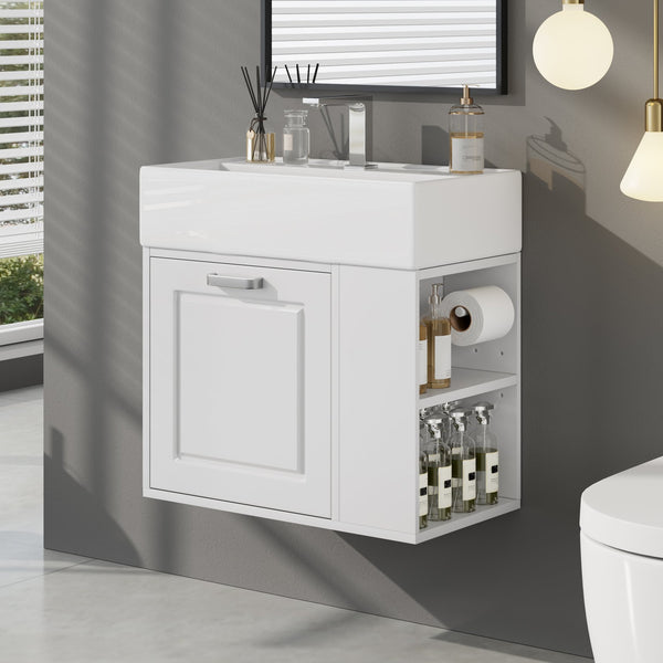 English Elm Christopher Knight Home® - 21.8" Wall-Mounted Bathroom Vanity with Ceramic Sink, Soft-Close Drawer, Adjustable Shelves & Tissue Holder White N759P292550K