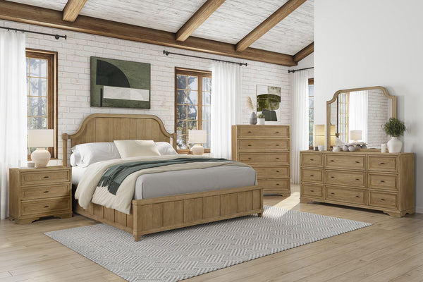 English Elm Queen Upholstered Headboard Bed Walnut Veneer Frame Transitional Bedroom Furniture B2699S00116