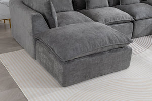 English Elm 129.8" Wide Modular Cloud Sectional Cotton Linen Sofa with Deep Foam Seats and Ottomans Antique Grey W2530S00015
