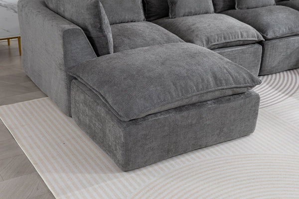 English Elm 129.8" Wide Modular Cloud Sectional Cotton Linen Sofa with Deep Foam Seats and Ottomans Antique Grey W2530S00015