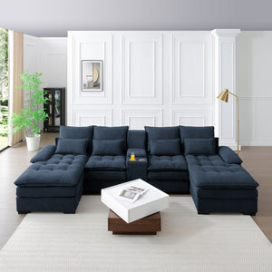 English Elm 130" U-Shaped Sofa With Console & Cupholders, 6-Seat Sleeper Couch Set In Blue For Modern Living Spaces W1117S00242