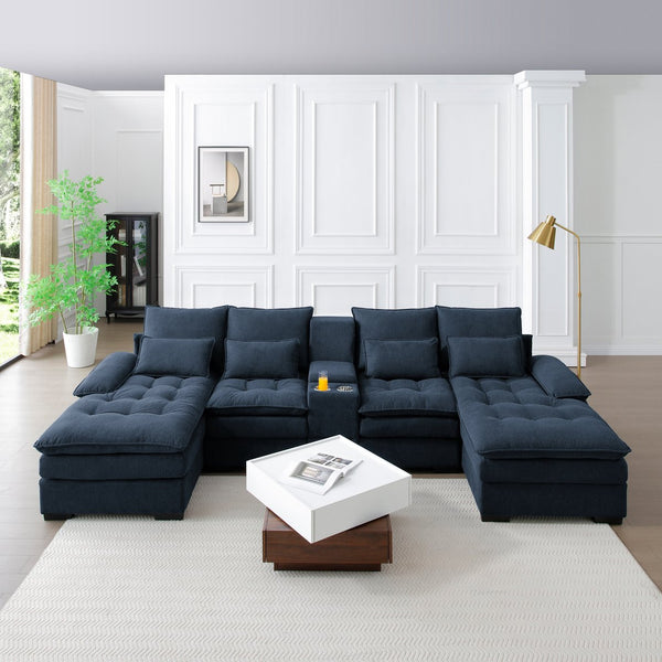 English Elm 130" U-Shaped Sofa With Console & Cupholders, 6-Seat Sleeper Couch Set In Blue For Modern Living Spaces W1117S00242