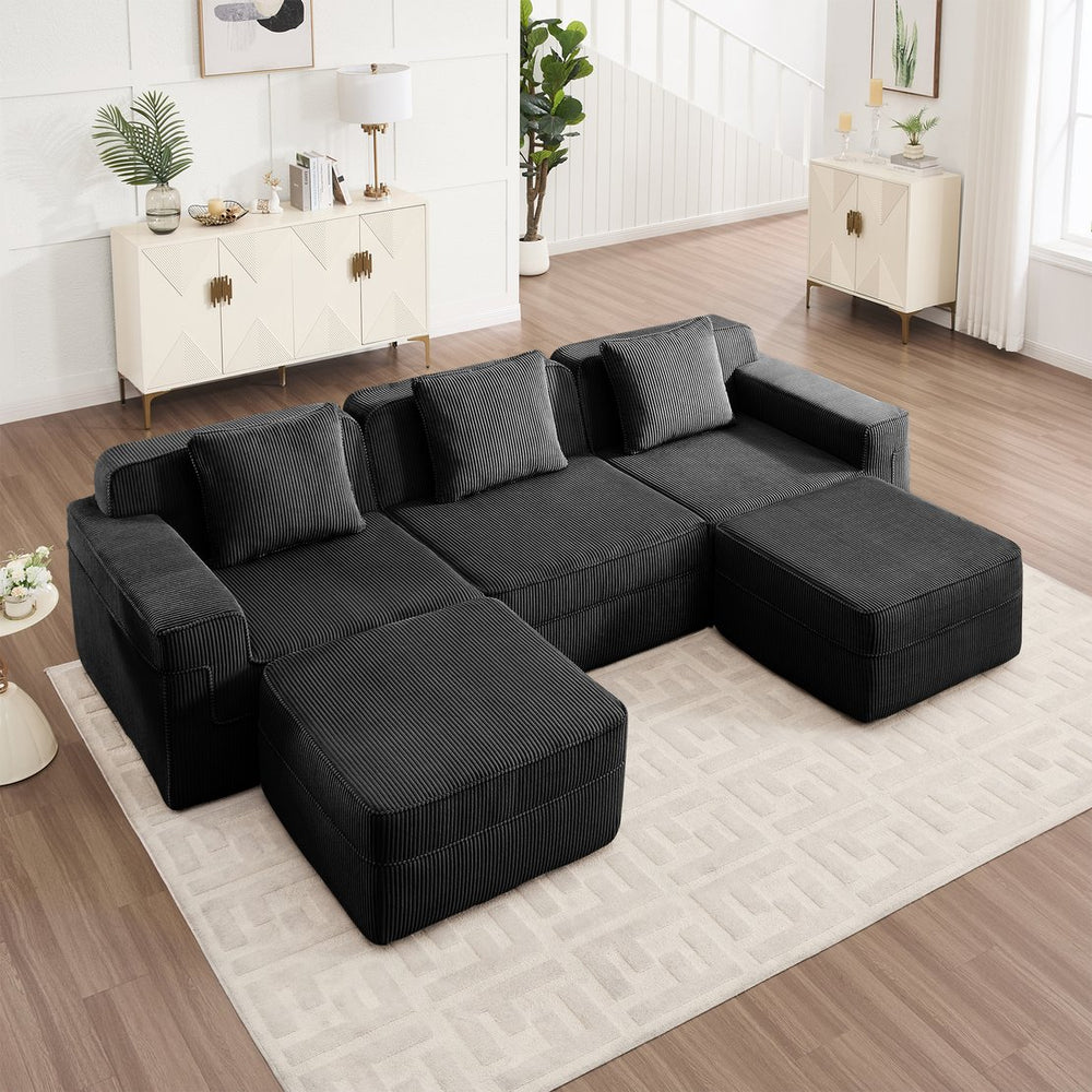 English Elm Modular 3-Seat U-Shaped Sectional Sofa - Cloud-Like Comfort With Movable Ottomans & Pillows W3041S00326