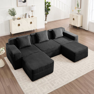 English Elm Modular 3-Seat U-Shaped Sectional Sofa - Cloud-Like Comfort With Movable Ottomans & Pillows W3041S00326