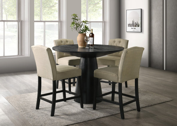 English Elm Jacopo Round Pedestal Counter Dining Set Ebony Frame Beige Cushioned Chairs B2749S00309