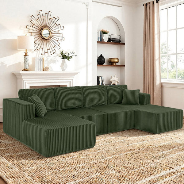English Elm U-shaped Modular Corduroy Sectional Sofa Sleeper Spacious Living Room Lounge Couch Green W487S00423