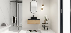 English Elm 30'' Floating Wall Mounted Vanity Hand Painted Ceramic Vessel Sink Soft Close Drawer W999S00360