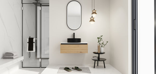 English Elm 30'' Floating Wall Mounted Vanity Hand Painted Ceramic Vessel Sink Soft Close Drawer W999S00360