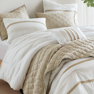 JLA Home Madison Park - 7 Piece Stripe Comforter and Quilt Set Coastal-Boho King Bedding with Plush Microfiber, Textured Coverlet, Wrinkle-Resistant Taupe MP10-8489