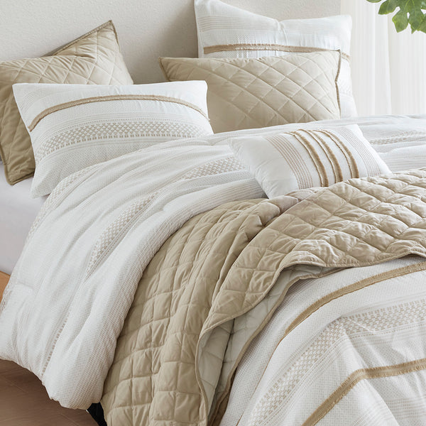 JLA Home Madison Park - 7 Piece Stripe Comforter and Quilt Set – Coastal-Boho Full/Queen Bedding, Microfiber, All-Season Layered Style Taupe MP10-8488
