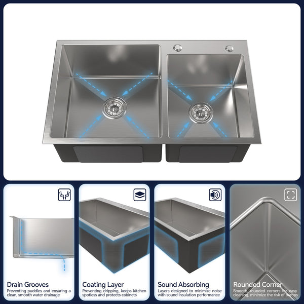 English Elm Stainless Steel Double Bowl Overmount Kitchen Sink with Nano Gray Satin Brushed Finish T3177P286041
