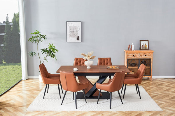 English Elm Modern Extendable Dining Table with Walnut MDF Veneer Top, Dual V-Shaped Metal Base, Sleek Durable Design Dark Walnut W3493S00007