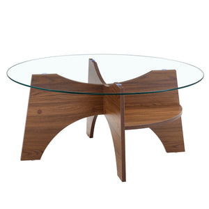 English Elm Round Tempered Glass Coffee Table with Fan Pedestal Base for Modern Living Rooms Transparent,Walnut W1151P256004