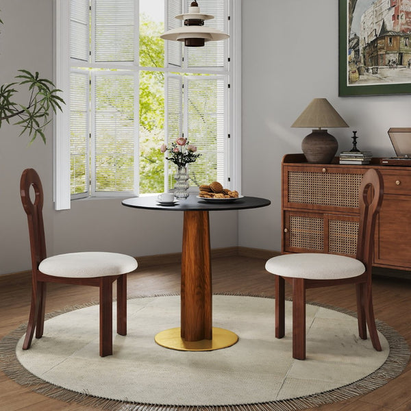 English Elm Modern Round Dining Table - 33.5" Sintered Stone Top With Wooden Legs & Gold Base For Small Spaces P4 W1535S00602-GIGA