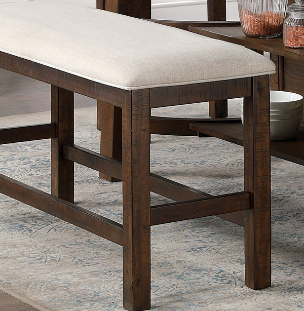 English Elm Rustic Counter Height Bench 46.5" Solid Wood Oak Finish with Beige Fabric Cushion and Welts, 25" Seat Height B2741P367177