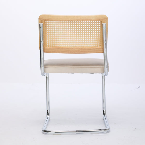 English Elm Mid Velvet Mid Century Dining Chair with Rattan Back, Solid Wood Frame, Plush Velvet, 360lb Capacity Beige W1143P168322