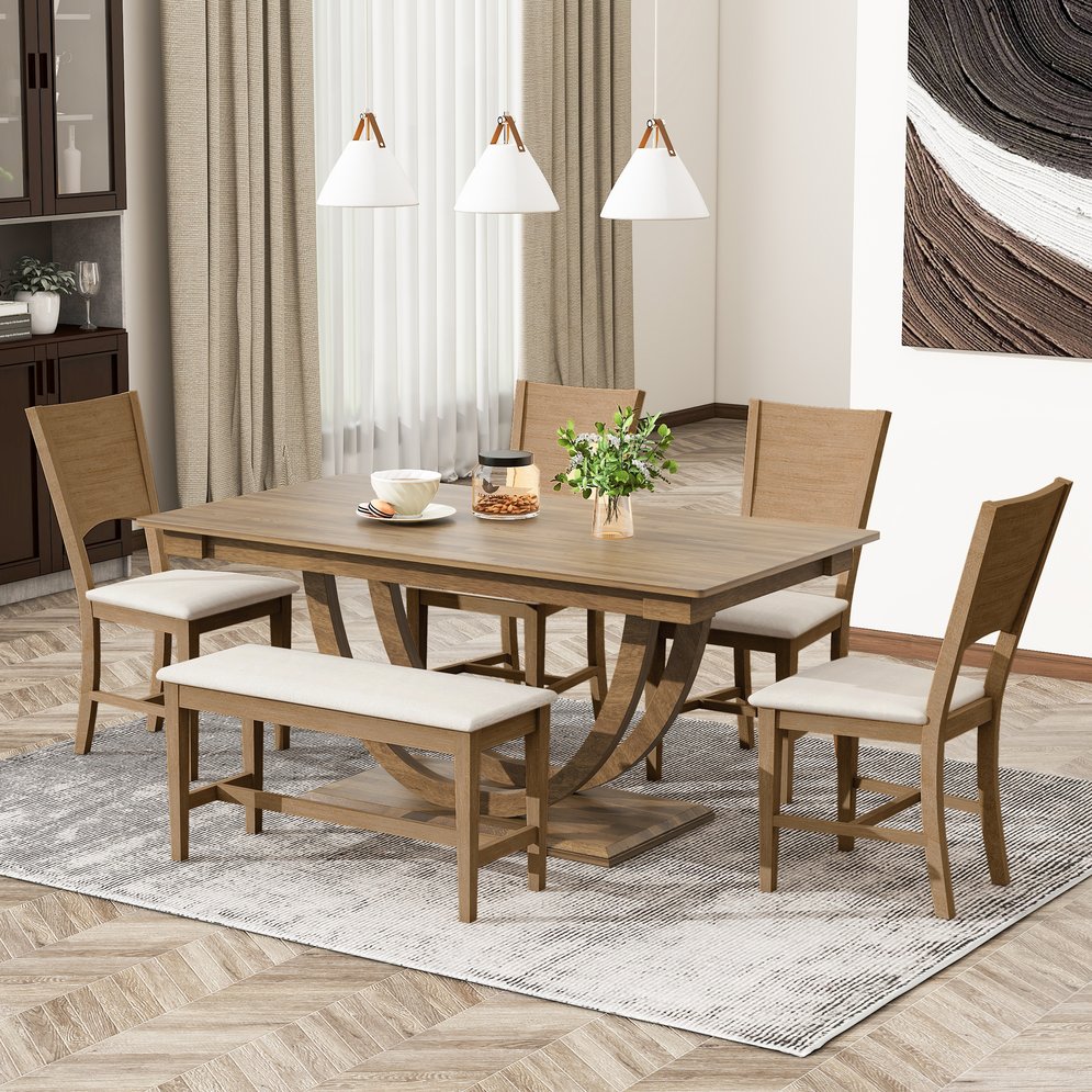 English Elm Topmax Six Piece Rubberwood Dining Set with Bench Linen Seats Sculptural Modern Style Brown N717S000029D