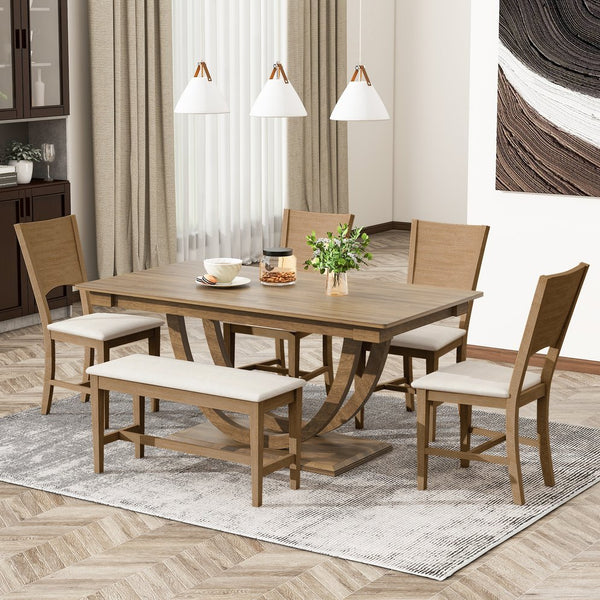 English Elm Topmax Six Piece Rubberwood Dining Set with Bench Linen Seats Sculptural Modern Style Brown N717S000029D