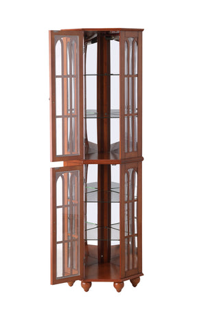 English Elm Corner Curio Cabinet with 6 Shelves, Tempered Glass Display, Built-In Lighting, Mirrored Back Walnut W1693P216949