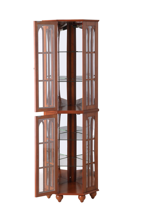 English Elm Corner Curio Cabinet with 6 Shelves, Tempered Glass Display, Built-In Lighting, Mirrored Back Walnut W1693P216949