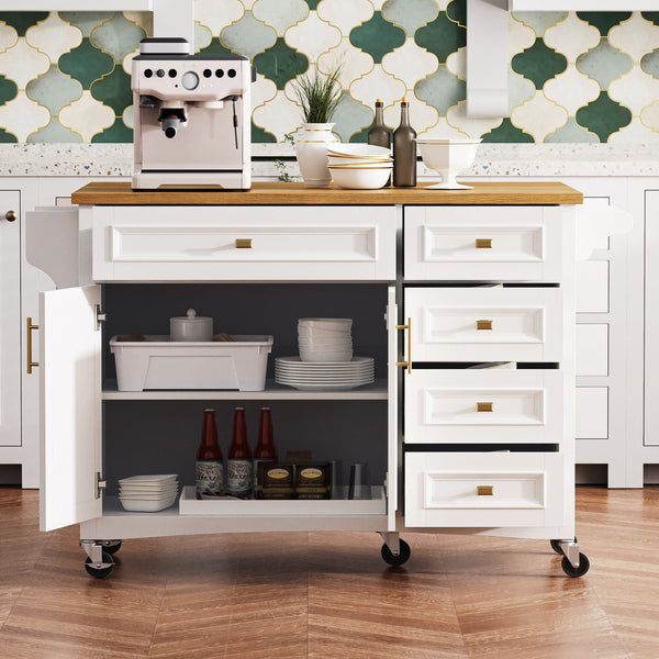English Elm K&k Farmhouse Rolling Kitchen Island Oak Veneer Top with Drop Leaf and Storage Drawers White N707S195393W