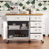 K&K 52'' Kitchen Island w/ Drop Leaf, Embossed Texture, Wheels, Spice Rack, Towel Rack, 2 Doors, 5 Drawers, Adjustable Shelf, White