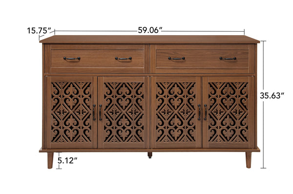 English Elm 4 Door Sideboard Buffet with Hand Carved Geometric Panels Black Oak Finish Raised Legs W688P359947
