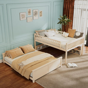 English Elm Full Xl Over Queen Bunk Bed Pinewood Frame with Led Lights Shelving Pegboard Beige LT000279AAA