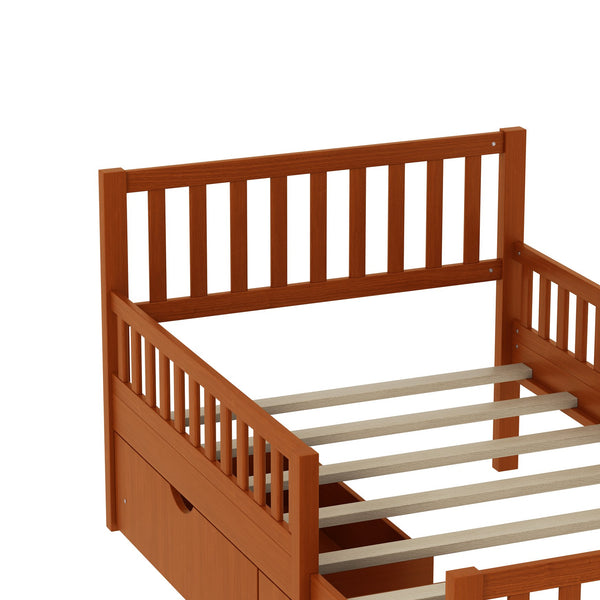English Elm Twin Pinewood Platform Bed with Headboard, Guardrails & Two Underbed Drawers for Storage Walnut 70.6 L x 17.1 W x 5.9 H N733P172696D