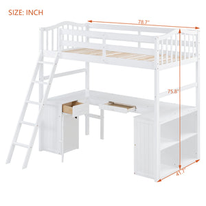 English Elm Twin Loft Bed with Desk Drawers Cabinet Shelves Solid Pine Wood White Finish LT0001505AAK-1